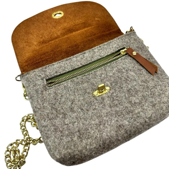 SWORD & PLOUGH Grey Wool Crossbody Bag - Brown Leather Gold Chain - Picture 5 of 9